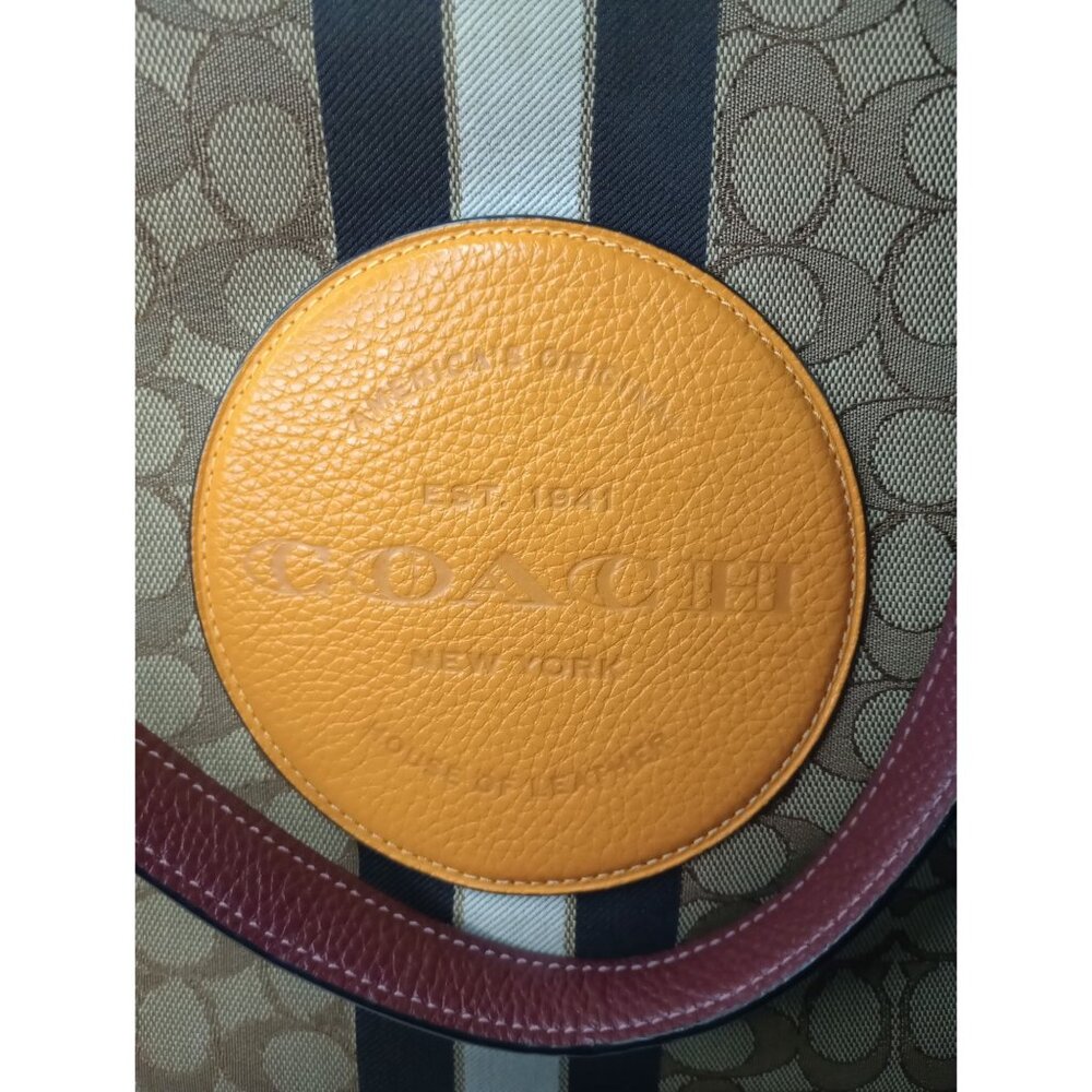Coach Signature Stripe Canvas & Leather Tote Bag With Yellow Logo Accent - Picture 10 of 10